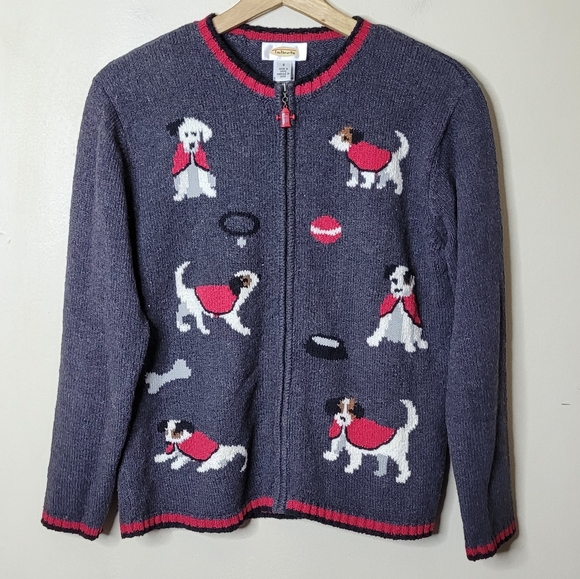 Talbots Vintage Dog Print Cardigan Sweater Full Zip Ramie Cotton Preppy Size S - Picture 2 of 11